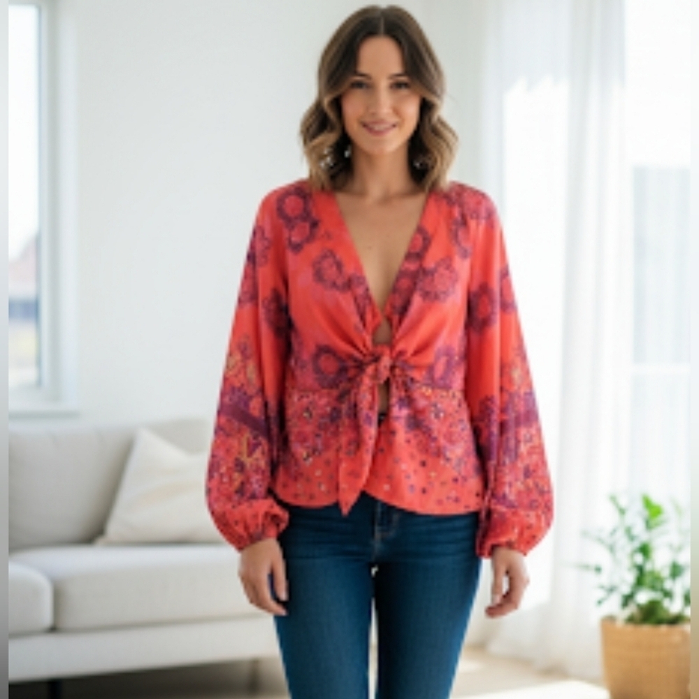 NWT FREE PEOPLE Run Free Blouse By - Cherry Combo Size S